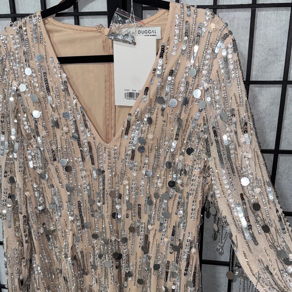 Mac Duggal 🪩 Remington Embellished Fringe Long-Sleeve Deep-V Mini Dress 93850 - Picture 8 of 11